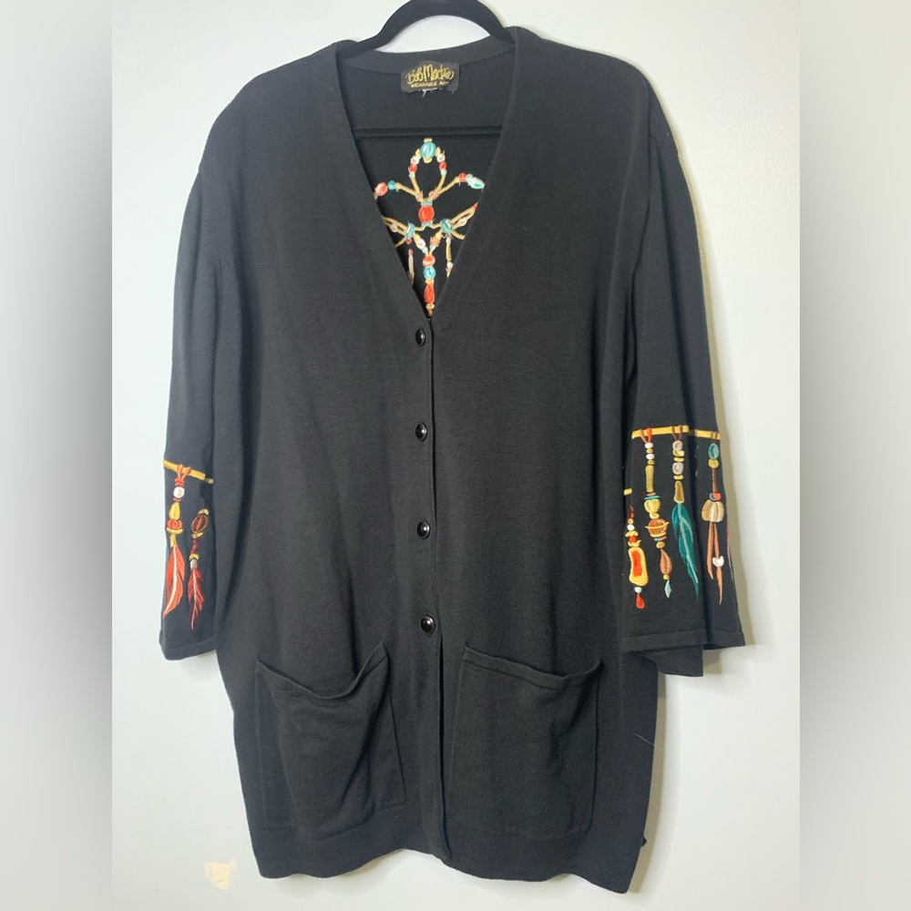 Bob Mackie Wearable Art Embroidered Sweater Cardigan Native American Feather 3x